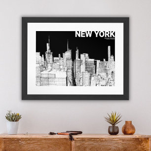 New York City Skyline Black White Sketch Mate Poster