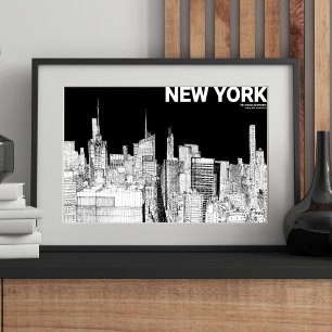 New York City Skyline Black White Sketch Mate Poster