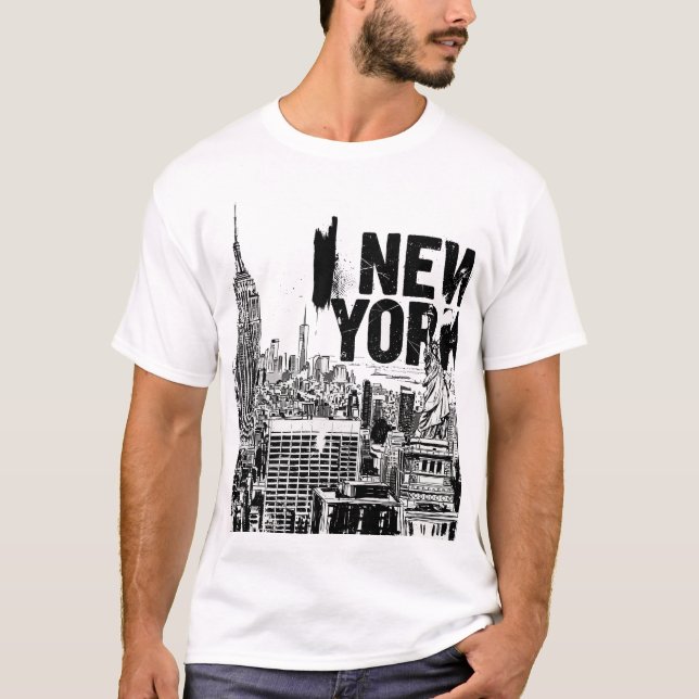 New York City Skyline - Black & White Streetwear T T Shirt (Framsida)