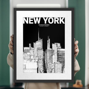 New York City Skyline Black White Teckning Mate Poster