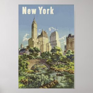 New York City Skyline Central Park Vintage Retro Poster