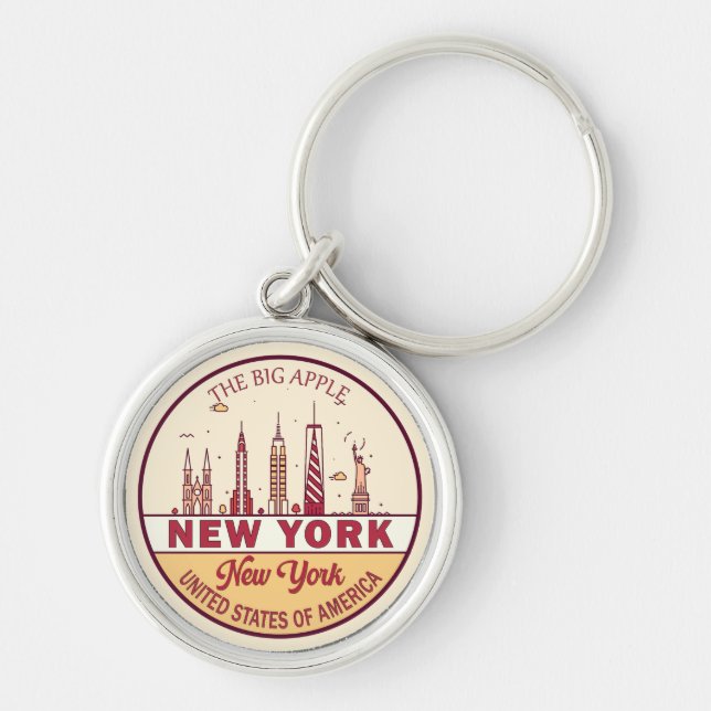 New York City Skyline Emblem Rund Silverfärgad Nyckelring (Framsidan)