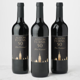 New York City Skyline Festartiklar Svart & Guld Vinflaska Etikett