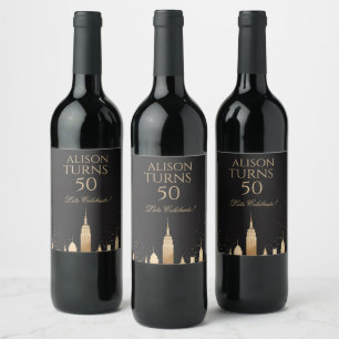 New York City Skyline Festartiklar Svart & Guld Vinflaska Etikett