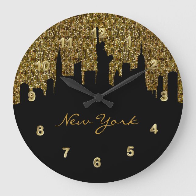 New York City Skyline | Golden Confetti Glitter Stor Klocka (Framsida)