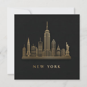 New York City Skyline Guld Line Art Julkort