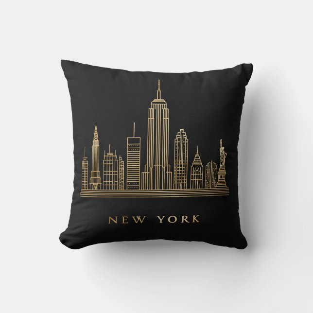 New York City Skyline Guld Line Art Kudde (Framsida)