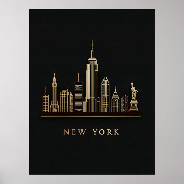 New York City Skyline Guld Line Art Poster (Framsidan)