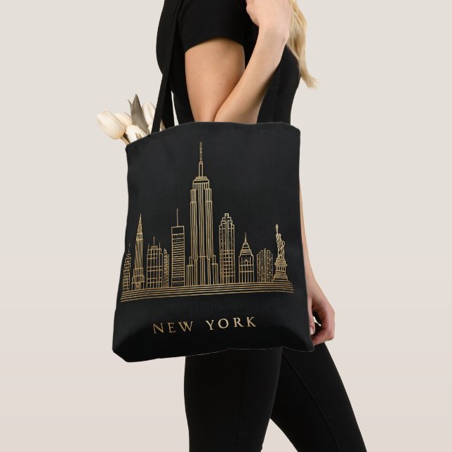 New York City Skyline Guld Line Art Tygkasse (Närbild)