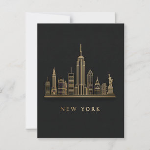 New York City Skyline Guld Line Art Vykort