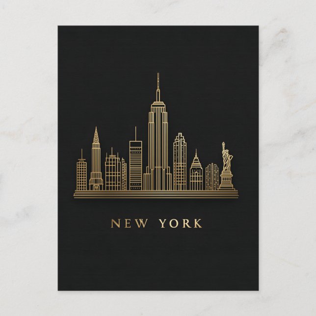New York City Skyline Guld Line Art Vykort (Framsida)