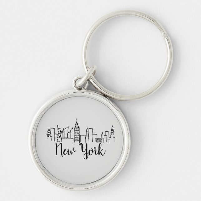 New York City Skyline Illustration Rund Silverfärgad Nyckelring (Framsidan)