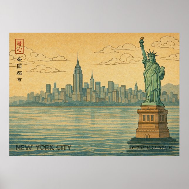 New York City Skyline in Japanese Ukiyo-e Style Poster (Framsidan)