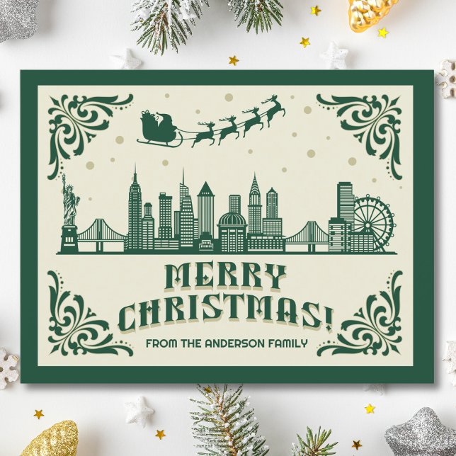 New York City Skyline jul-Helgdag vykort (New York, NY NYC skyline christmas card green modern merry christmas postcard with custom details)