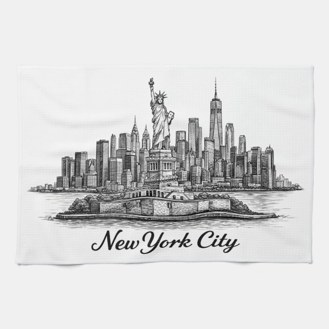 New York City Skyline Line Art Illustration Kökshandduk (Horisontell)