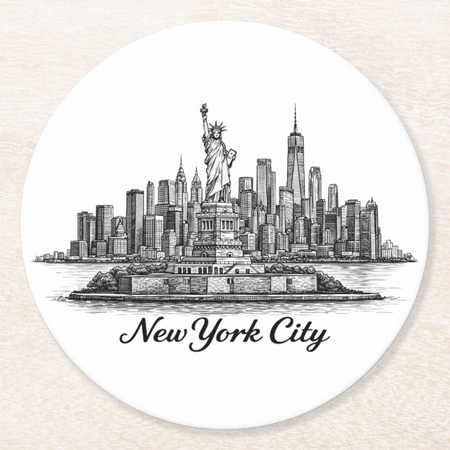 New York City Skyline Line Art Illustration Underlägg Papper Rund (Framsidan)