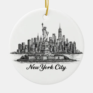 New York City Skyline Linje Konst Illustration Julgransprydnad Keramik