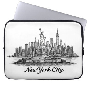 New York City Skyline Linje Konst Illustration Laptop Fodral