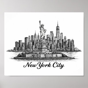 New York City Skyline Linje Konst Illustration Poster