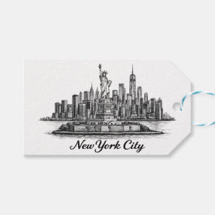 New York City Skyline Linje Konst Illustration Presentetikett