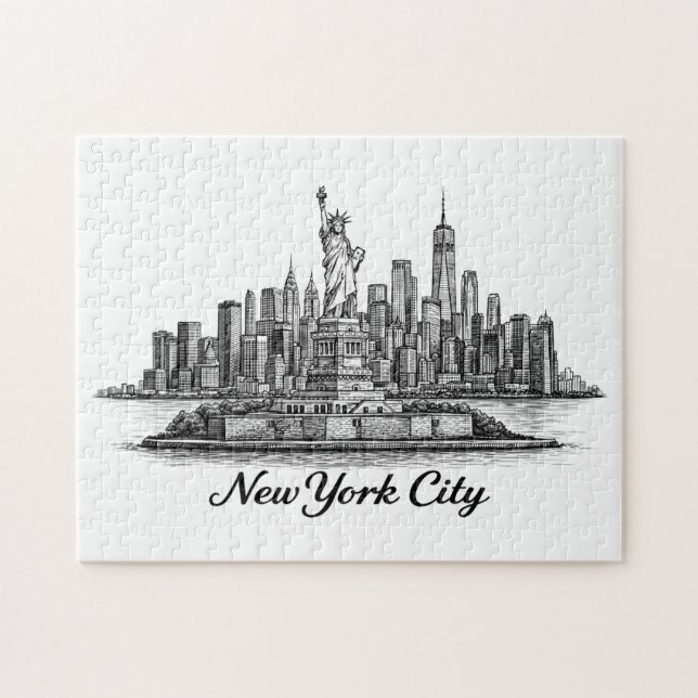 New York City Skyline Linje Konst Illustration Pussel (Horisontell)