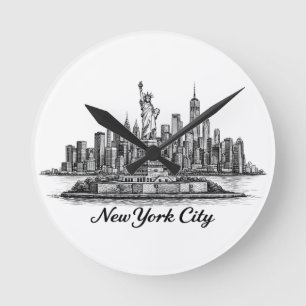 New York City Skyline Linje Konst Illustration Rund Klocka
