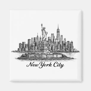 New York City Skyline Linjearbeten Illustration Magnet