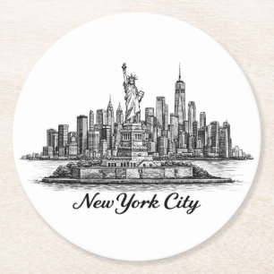 New York City Skyline Linjearbeten Illustration Underlägg Papper Rund