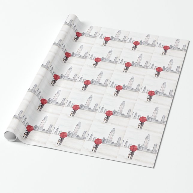 New York City skyline red paraply kärlek par Presentpapper (Utrullad)