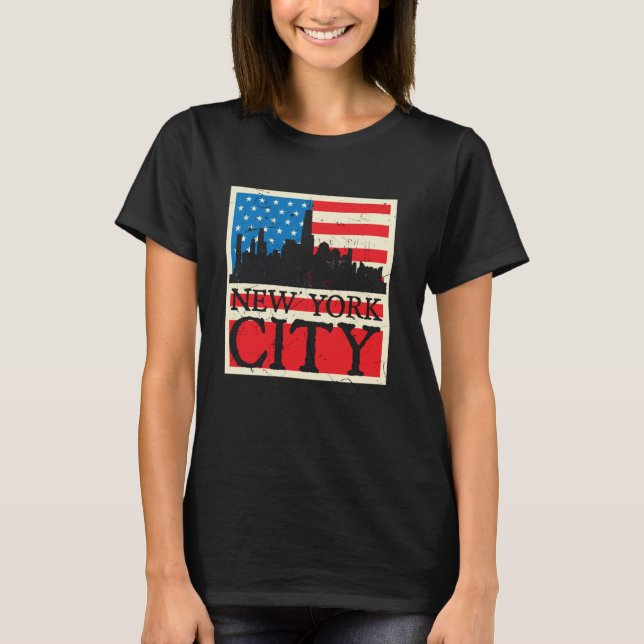 New York City Skyline Retro USA flagga Distress Wo T Shirt (Framsida)