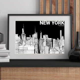 New York City Skyline Sketch Black White Mate Poster