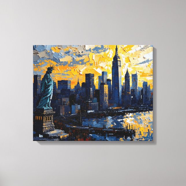 New York City Skyline Sunset Canvas Wall Art (Framsida)