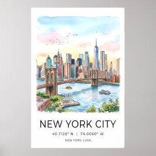 New York City Skyline Tryck - Akvarell med