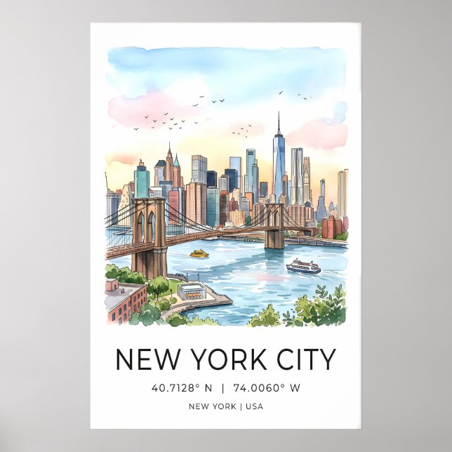 New York City Skyline Tryck - Akvarell med (Framsidan)