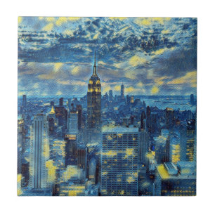 New York City Skyline Van Gogh Starry Night Art Kakelplatta