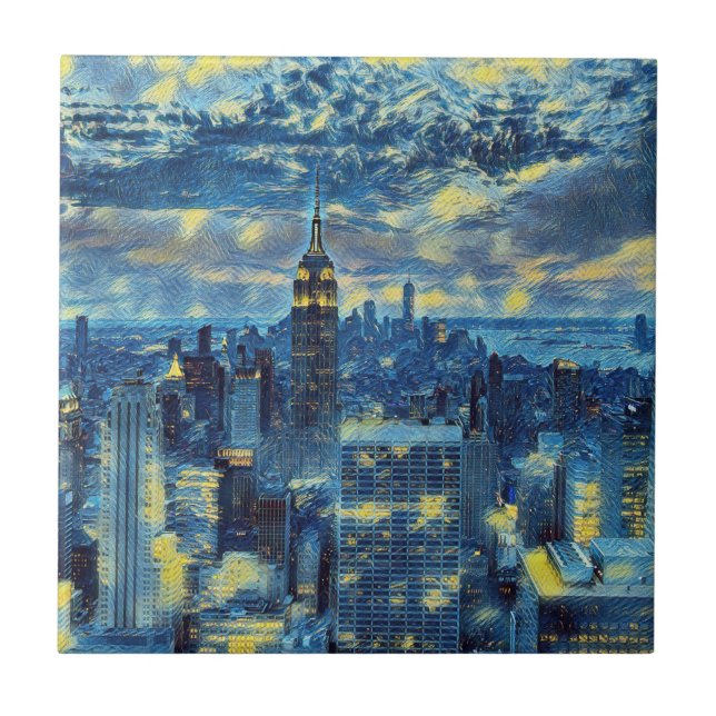New York City Skyline Van Gogh Starry Night Art Kakelplatta (Framsidan)