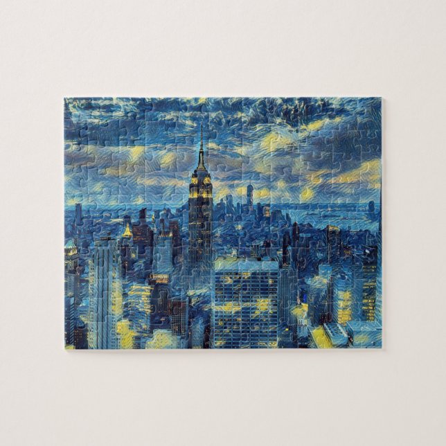 New York City Skyline Van Gogh Starry Night Puzzle Pussel (Horisontell)