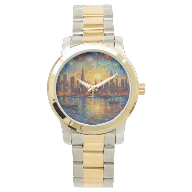 New York City Skyline van Gogh stil Armbandsur (Framsida)