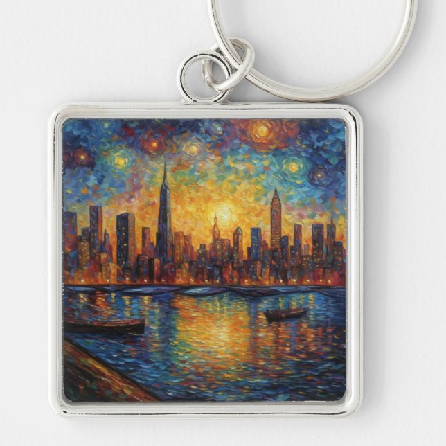 New York City Skyline van Gogh stil Fyrkantig Silverfärgad Nyckelring (Framsidan)
