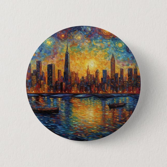New York City Skyline van Gogh stil Knapp (Framsida)