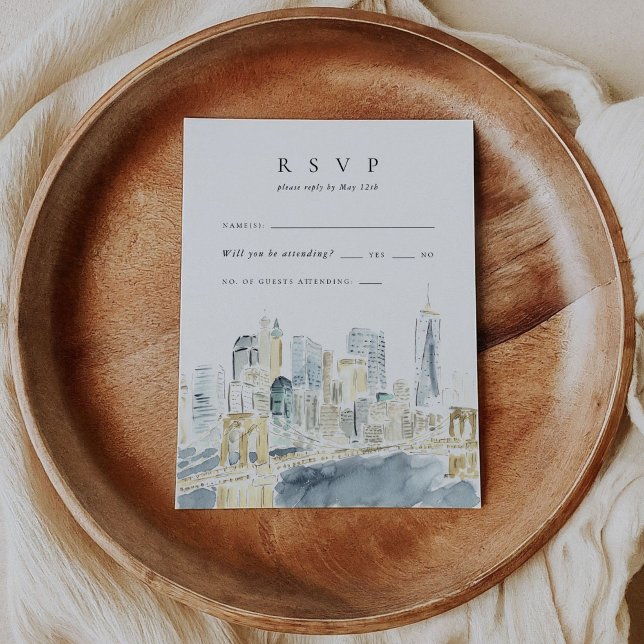 New York City Skyline Watercolor Bröllop OSA Card Kort (New York City Skyline Watercolor Wedding RSVP Cards)