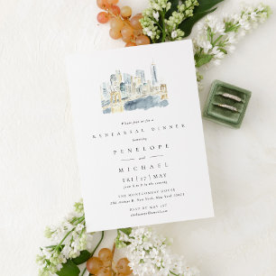 New York City Skyline Watercolor Rehearsal Dinner Inbjudningar