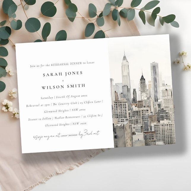 New York City Skyline Watercolor Rehearsal Dinner Inbjudningar (Skapare uppladdad)