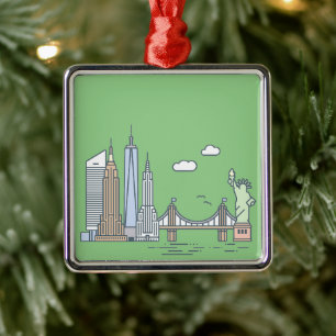 New York City Skyline Whimsical Illustration  Julgransprydnad Metall