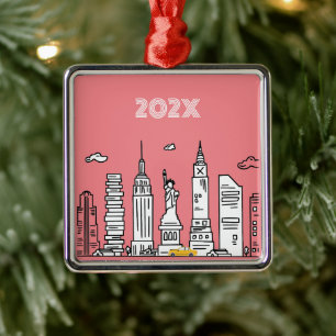 New York City Skyline Whimsical Illustration Julgransprydnad Metall