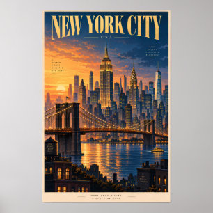 New York City Solnedgång Illustration Resa Konst R Poster