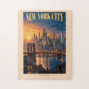 New York City Solnedgång Illustration Resa Konst R Pussel