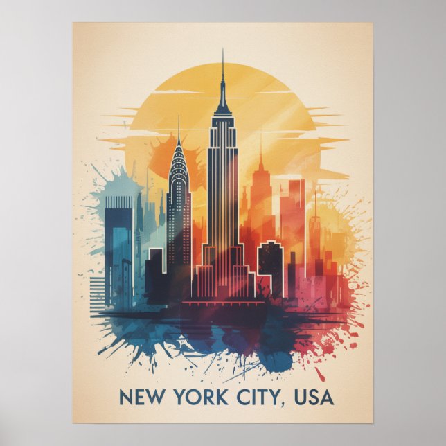 New York City Solnedgång Skyline Splash Poster (Framsidan)