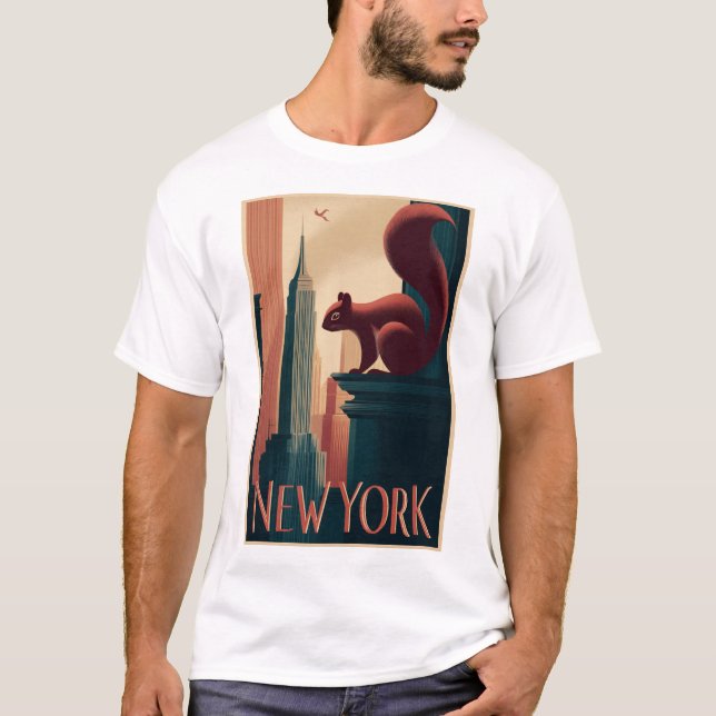 New York City Squirrel – Art Deco Skyline Poster T Shirt (Framsida)