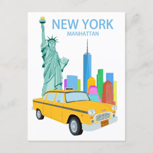 New York City Statue Manhattan Skyscraper Taxi Vykort